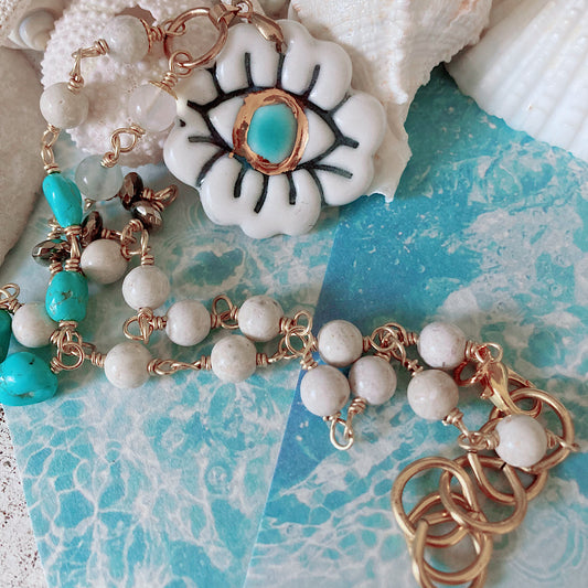 Women’s Protection Eye Porcelain Amulet Mystical Turquoise Summer Rosary Necklace