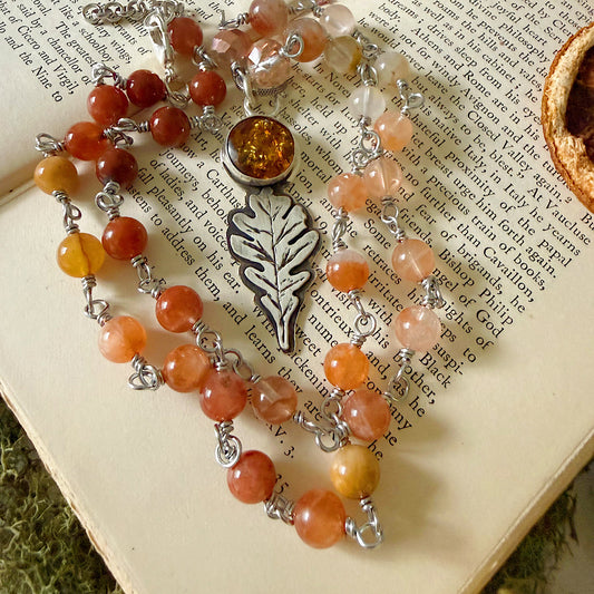 Women’s Autumn Oak Leaf Cottagecore Rosary Necklace