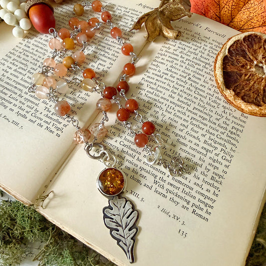 Women’s Autumn Oak Leaf Cottagecore Rosary Necklace