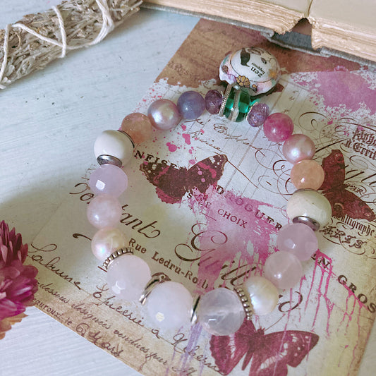 Custom for A: Women’s Zen Cottagecore Enamel Whimsical Pink Edison Pearl Stretch Bracelet