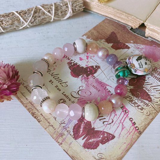 Custom for A: Women’s Zen Cottagecore Enamel Whimsical Pink Edison Pearl Stretch Bracelet