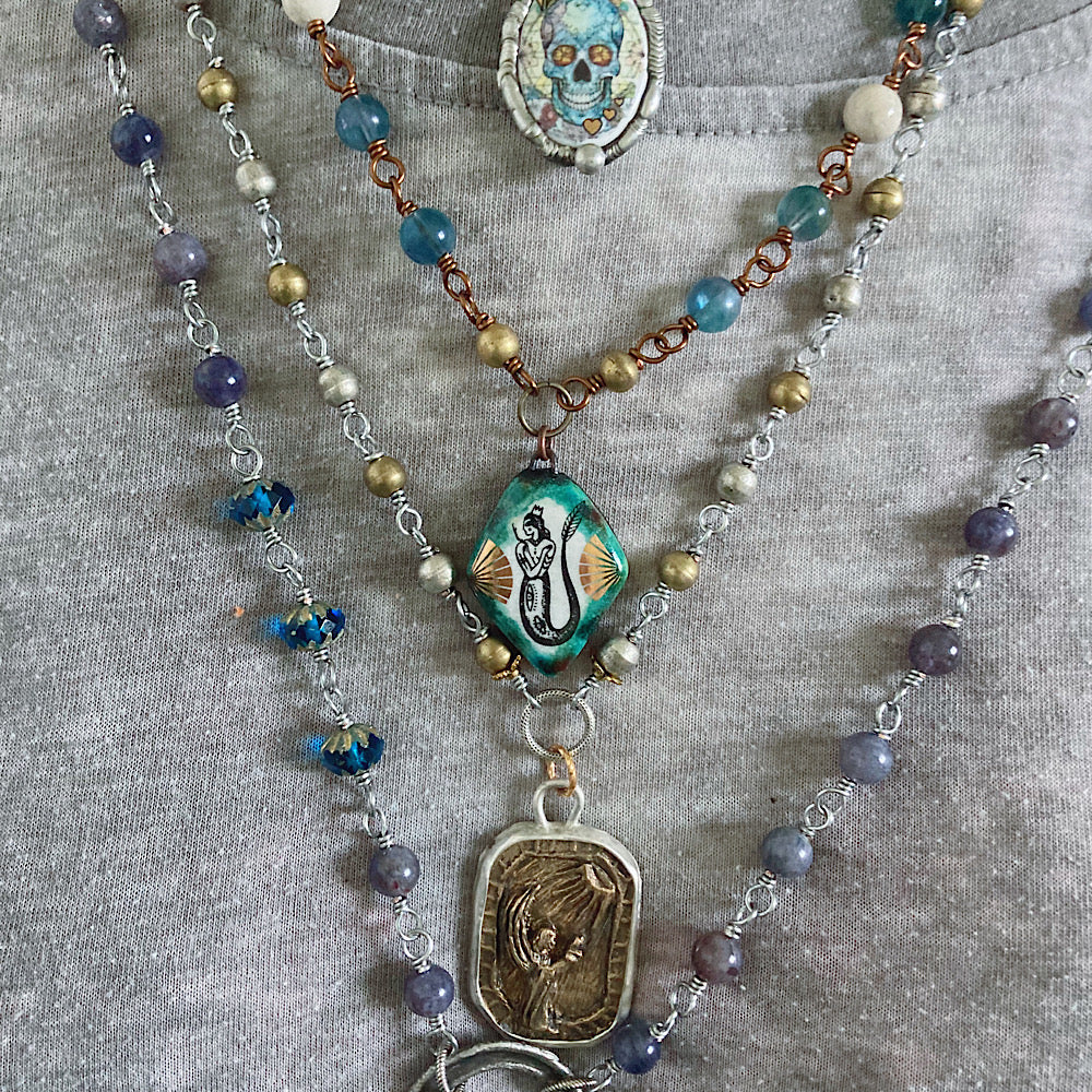 Women’s Beach Tidal Magic Mermaid Enamel Ocean Storm Rosary Necklace