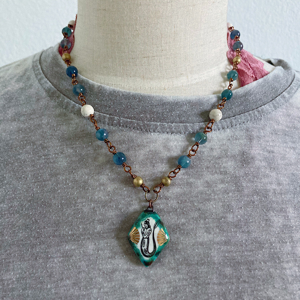 Women’s Beach Tidal Magic Mermaid Enamel Ocean Storm Rosary Necklace