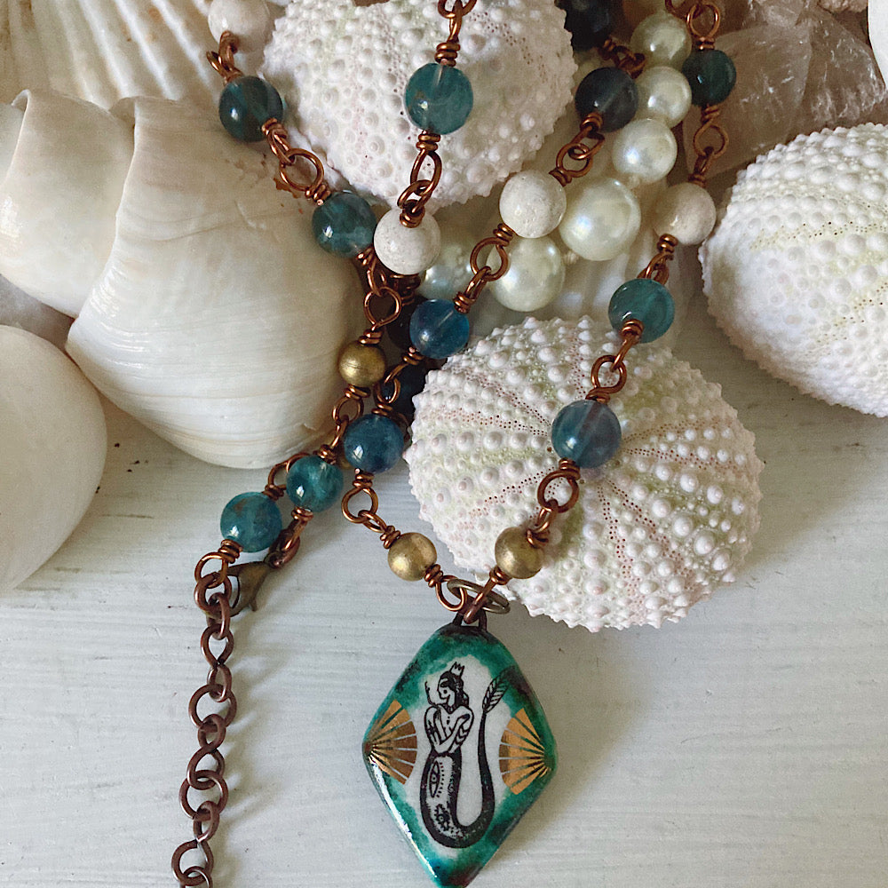 Women’s Beach Tidal Magic Mermaid Enamel Ocean Storm Rosary Necklace