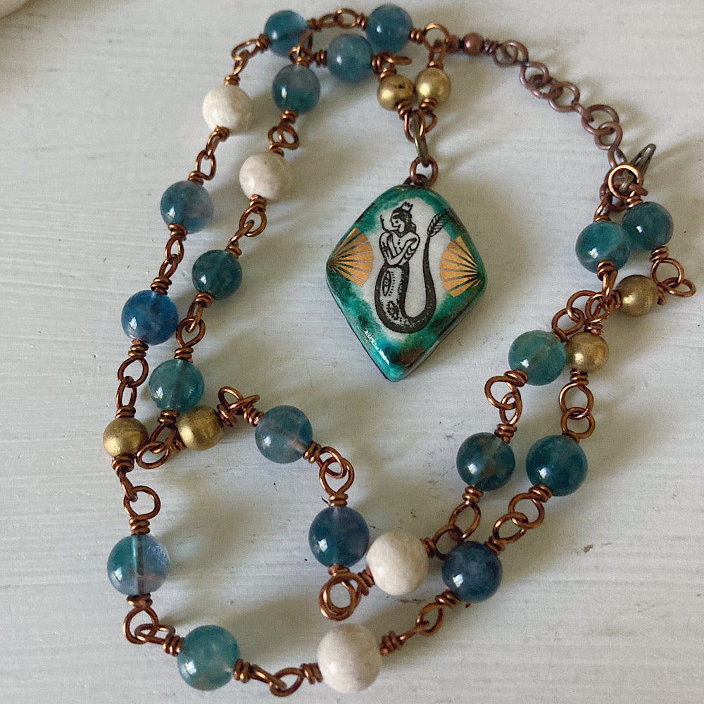 Women’s Beach Tidal Magic Mermaid Enamel Ocean Storm Rosary Necklace