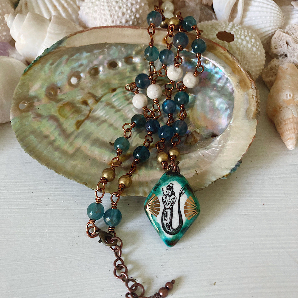 Women’s Beach Tidal Magic Mermaid Enamel Ocean Storm Rosary Necklace