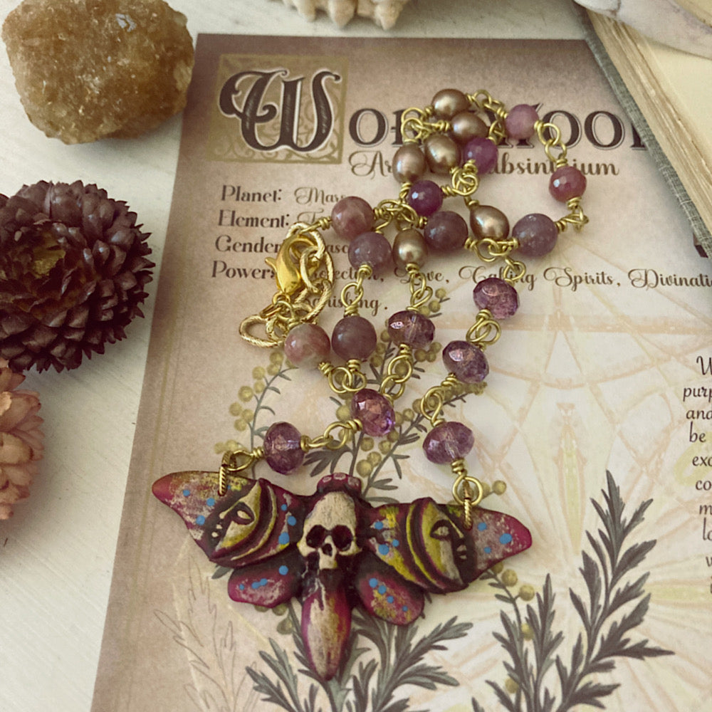 Women’s Fall Death-Moth Ruby Mystical Spooky Halloween Talisman Rosary Necklace