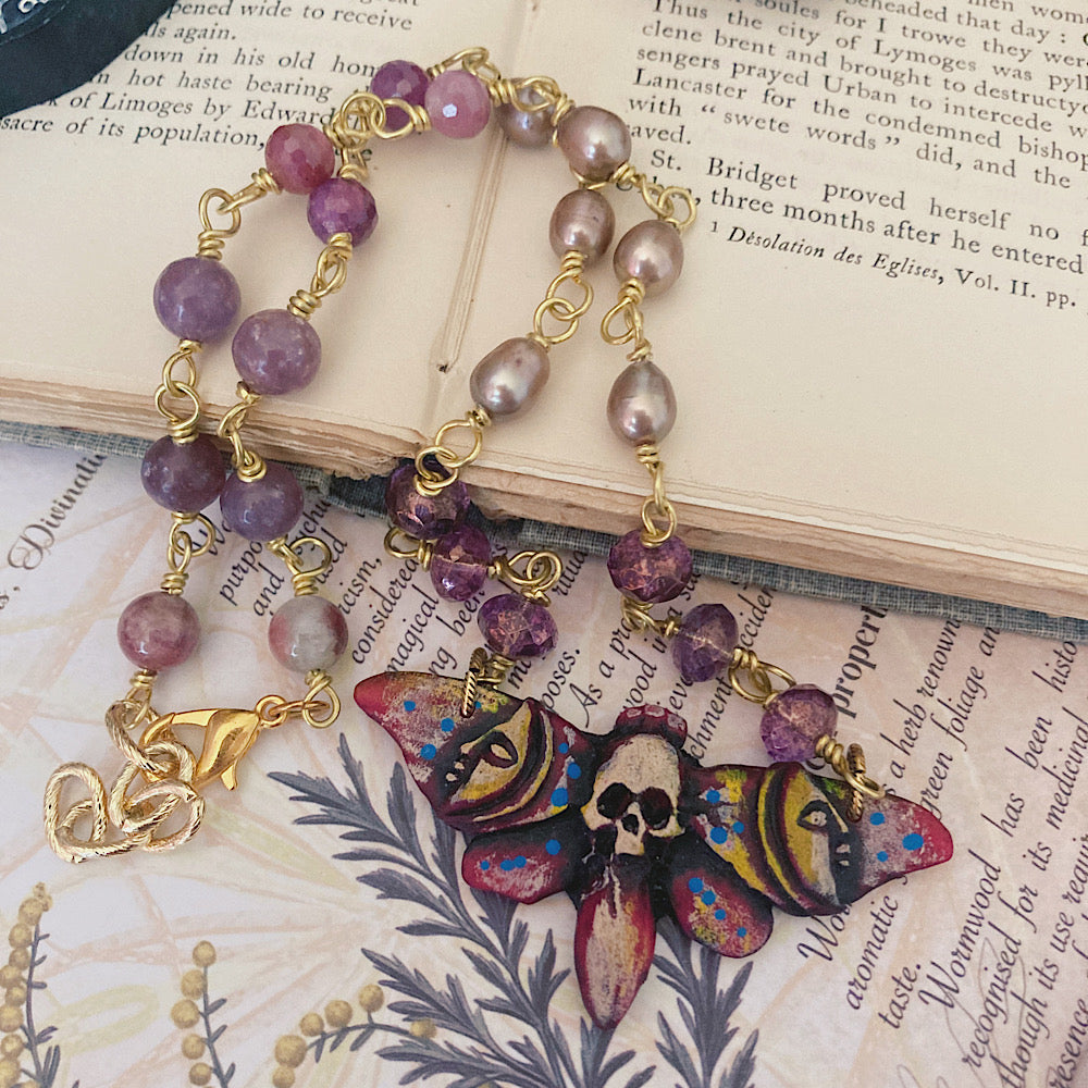 Women’s Fall Death-Moth Ruby Mystical Spooky Halloween Talisman Rosary Necklace