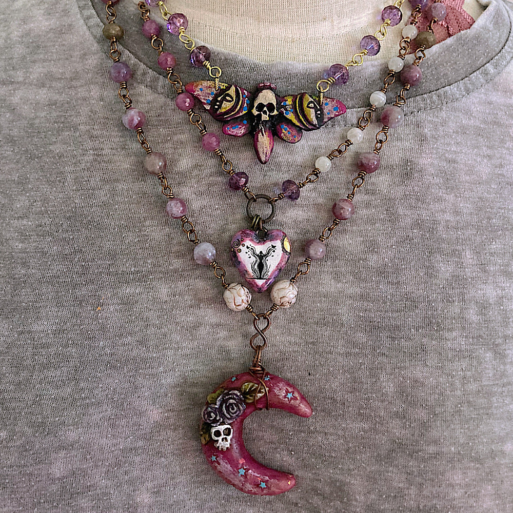 Women’s Fall Death-Moth Ruby Mystical Spooky Halloween Talisman Rosary Necklace