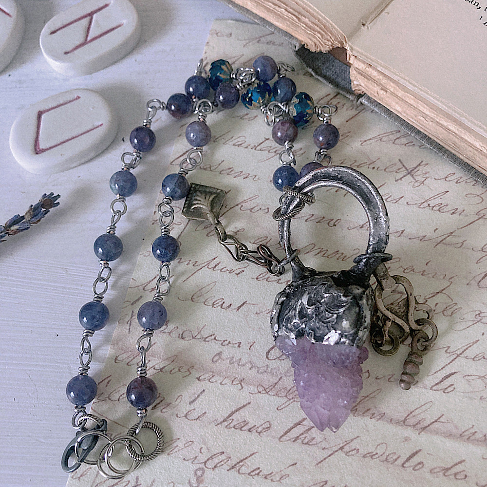 Women’s Dark Moon Magic Mystical Spirit Cactus Quartz Gothic Dark Academia Rosary Necklace