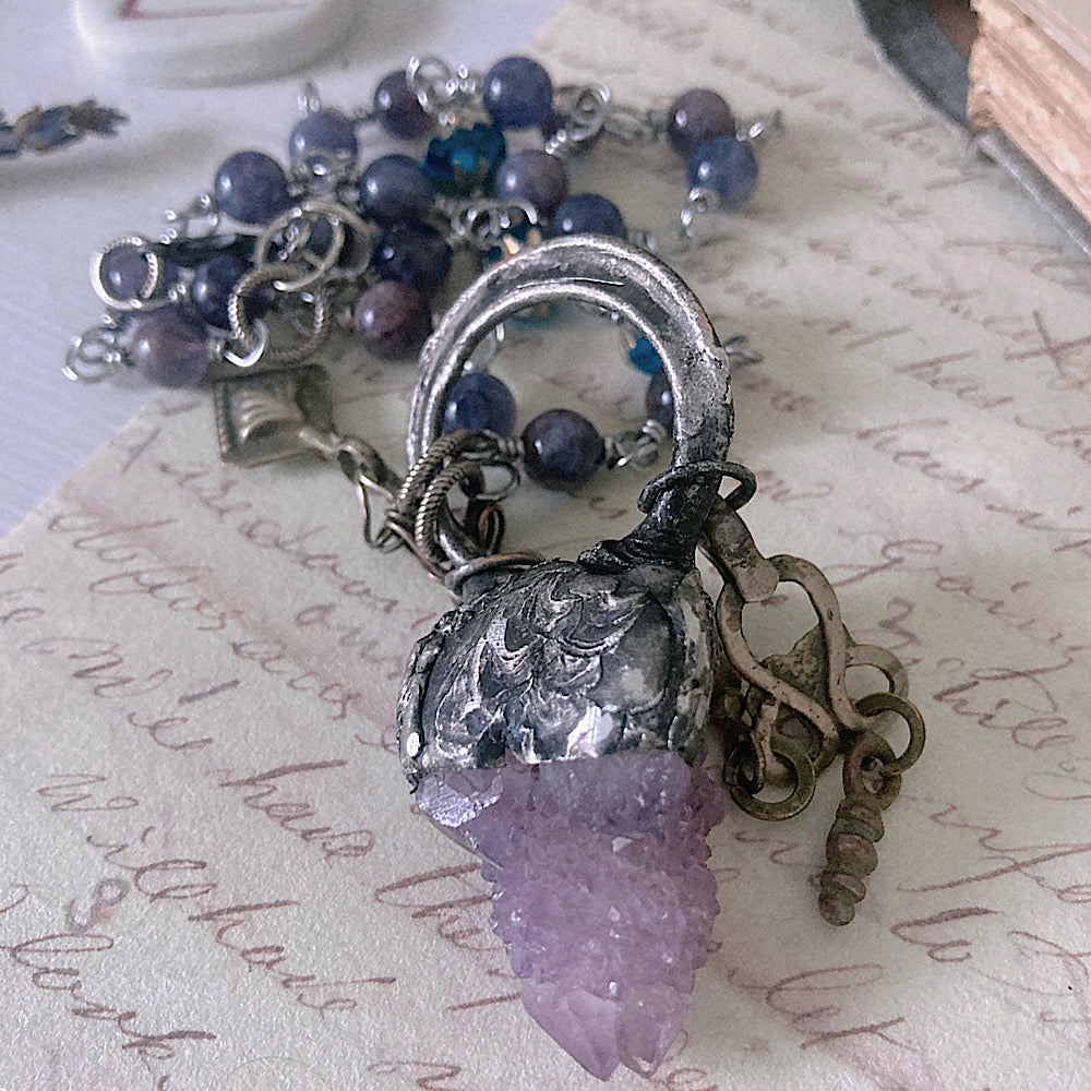 Women’s Dark Moon Magic Mystical Spirit Cactus Quartz Gothic Dark Academia Rosary Necklace