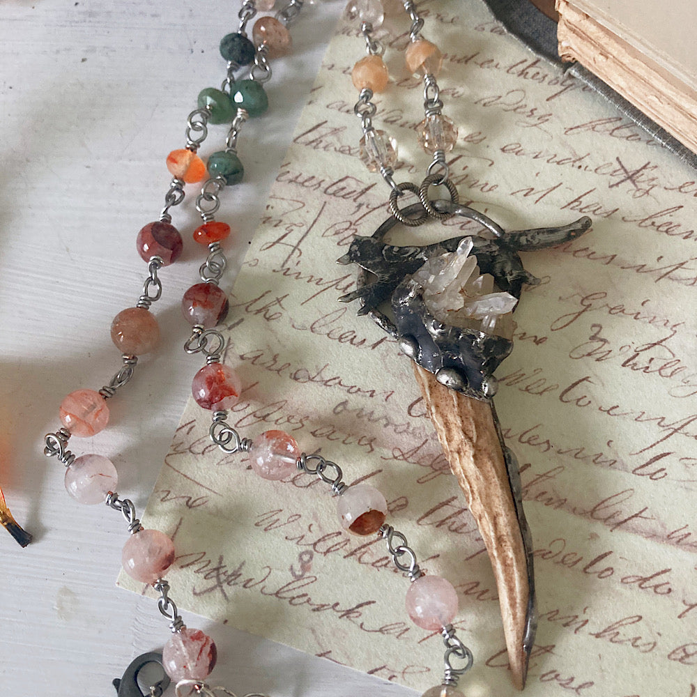 Women’s Autumn Hunter’s Moon Wolf and Antler Divine Masculine Talisman Cottagecore Emerald Rosary Necklace