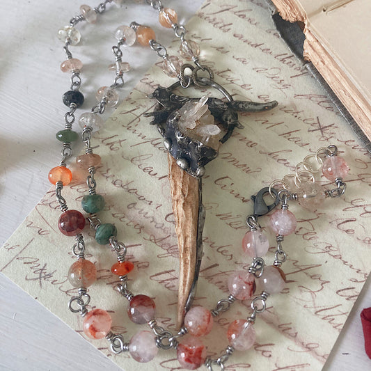 Women’s Autumn Hunter’s Moon Wolf and Antler Divine Masculine Talisman Cottagecore Emerald Rosary Necklace
