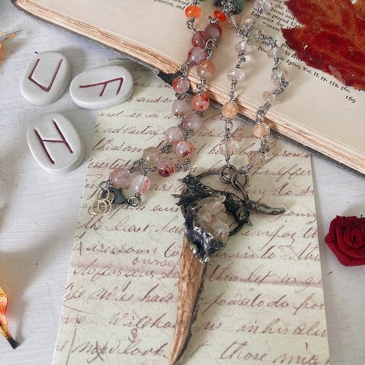 Women’s Autumn Hunter’s Moon Wolf and Antler Divine Masculine Talisman Cottagecore Emerald Rosary Necklace