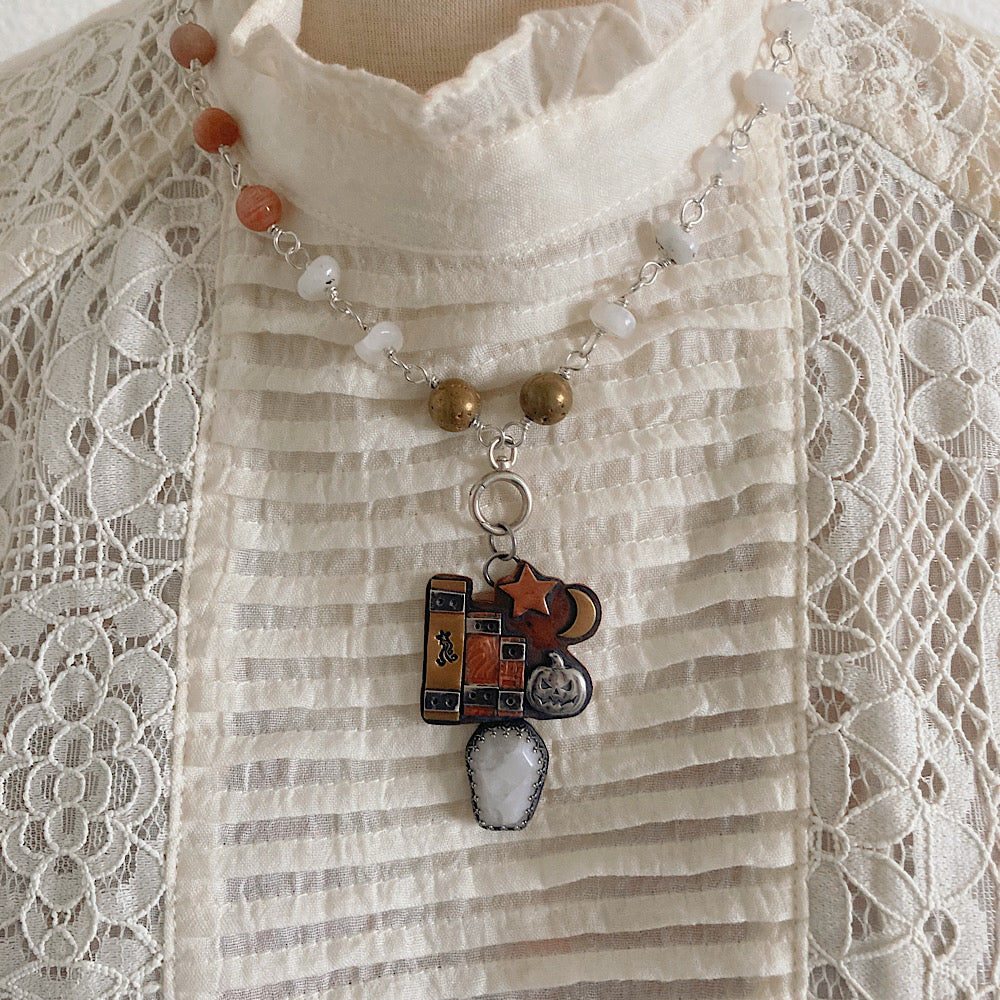 Women’s Autumn Nights Spellbook Pumpkin Halloween Witch Talisman Rosary Necklace