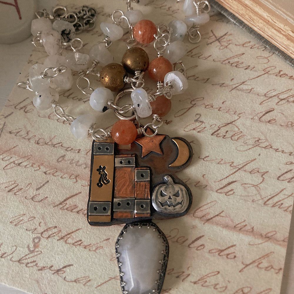 Women’s Autumn Nights Spellbook Pumpkin Halloween Witch Talisman Rosary Necklace