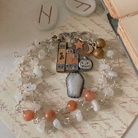 Women’s Autumn Nights Spellbook Pumpkin Halloween Witch Talisman Rosary Necklace