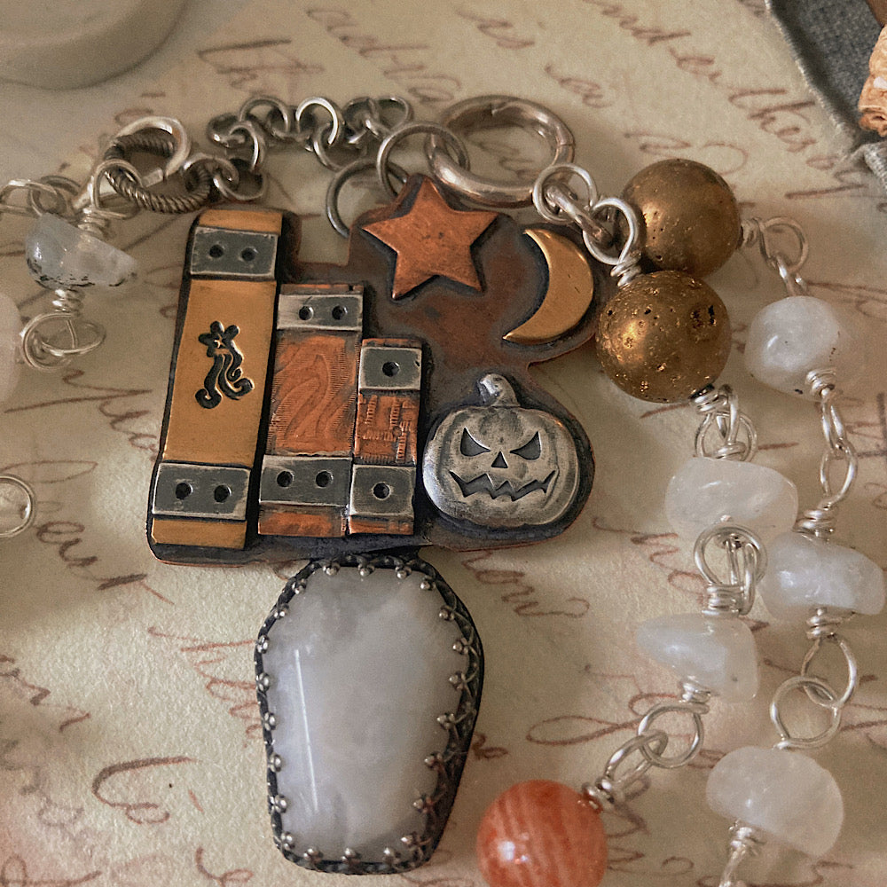 Women’s Autumn Nights Spellbook Pumpkin Halloween Witch Talisman Rosary Necklace