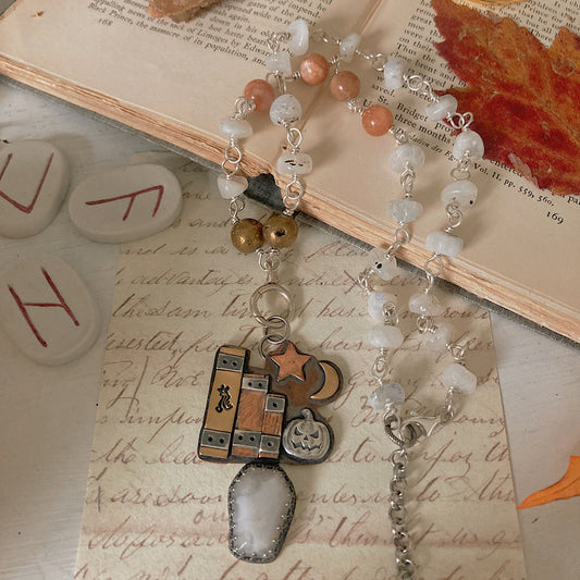 Women’s Autumn Nights Spellbook Pumpkin Halloween Witch Talisman Rosary Necklace
