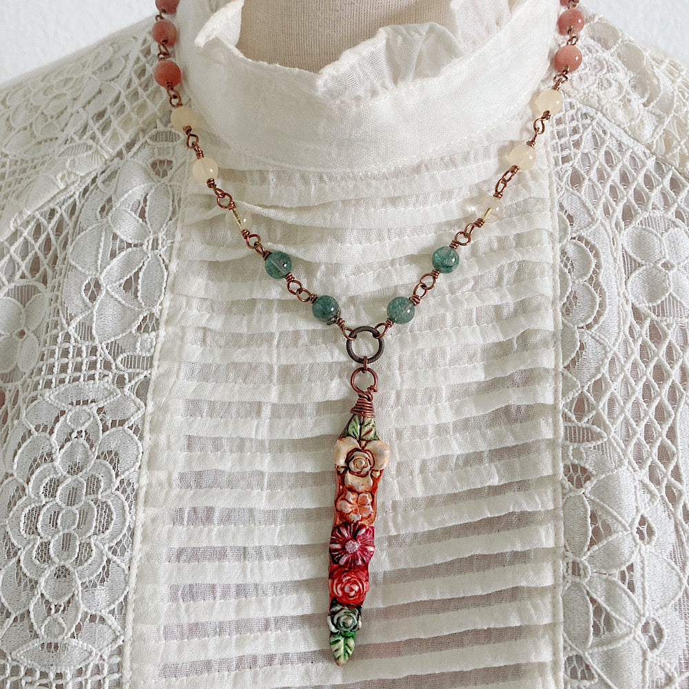 Women’s Autumn Bloom Cottagecore Floral Ombré Talisman Witchy Rosary Necklace