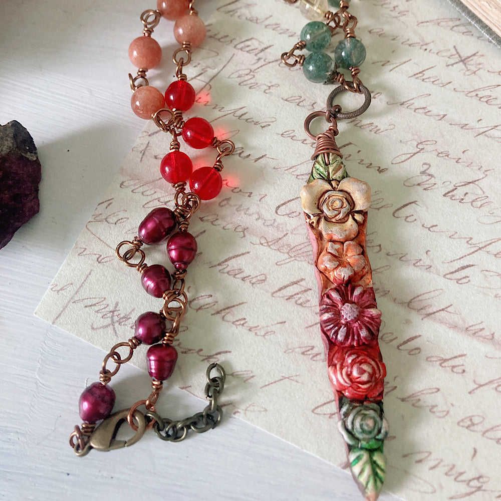 Women’s Autumn Bloom Cottagecore Floral Ombré Talisman Witchy Rosary Necklace