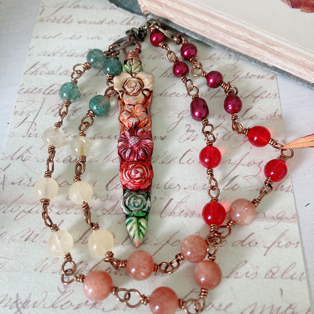 Women’s Autumn Bloom Cottagecore Floral Ombré Talisman Witchy Rosary Necklace