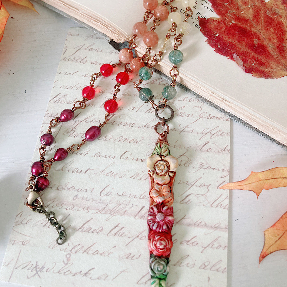 Women’s Autumn Bloom Cottagecore Floral Ombré Talisman Witchy Rosary Necklace