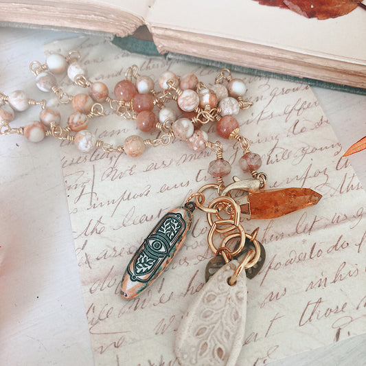 Women’s Autumn Leaves Cottagecore Sunstone Enamel Rustic Charm Rosary Necklace