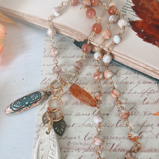 Women’s Autumn Leaves Cottagecore Sunstone Enamel Rustic Charm Rosary Necklace