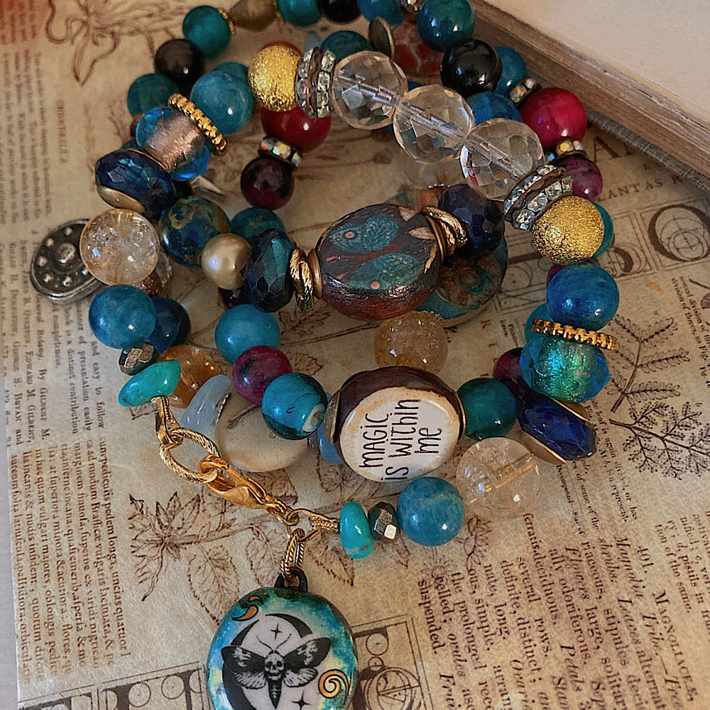 Women’s Gothic Death Moth Mystical Teal Dark Academia Turquoise Clasp Bracelet
