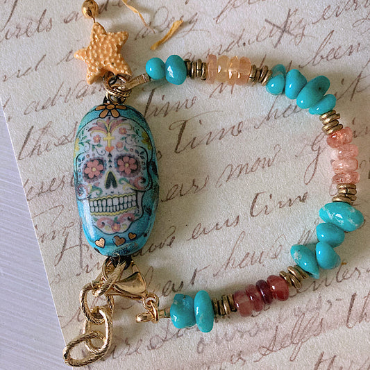 Women’s Dainty Enamel Day of Dead Autumn Samhain Enamel Sugar Skull Talisman Turquoise Clasp Bracelet