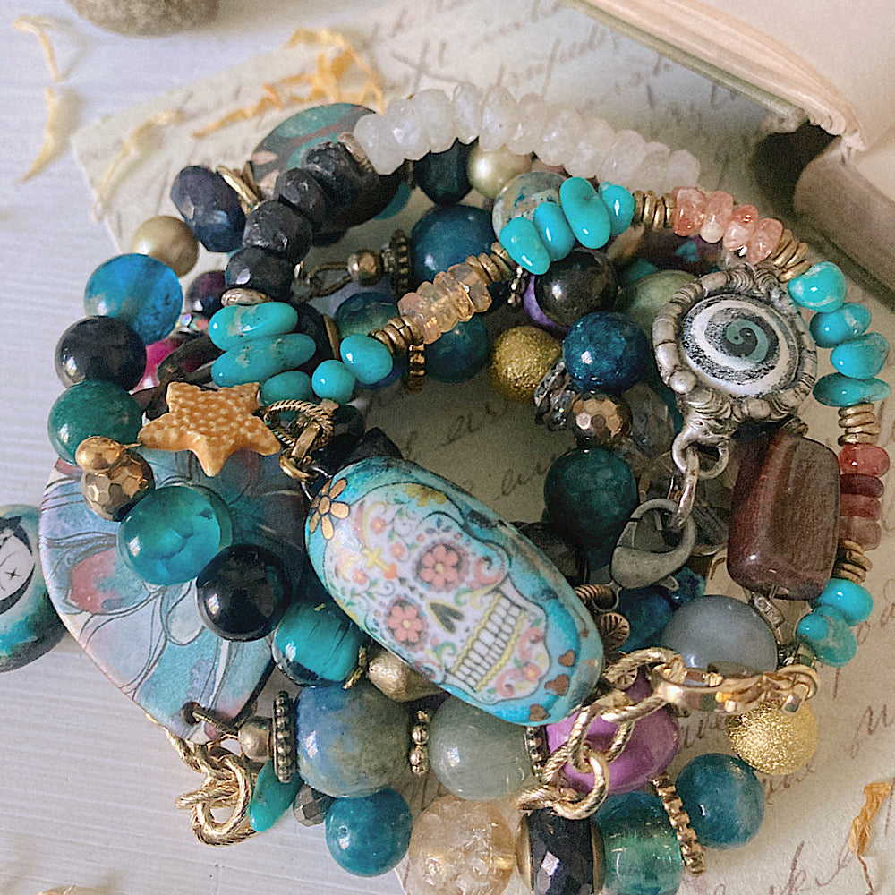 Women’s Dainty Enamel Day of Dead Autumn Samhain Enamel Sugar Skull Talisman Turquoise Clasp Bracelet