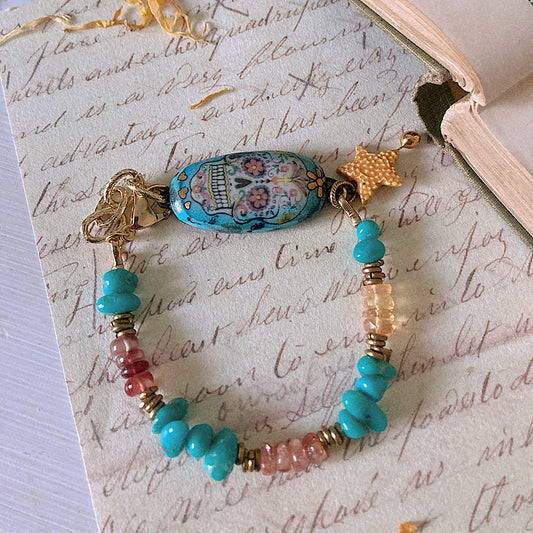 Women’s Dainty Enamel Day of Dead Autumn Samhain Enamel Sugar Skull Talisman Turquoise Clasp Bracelet