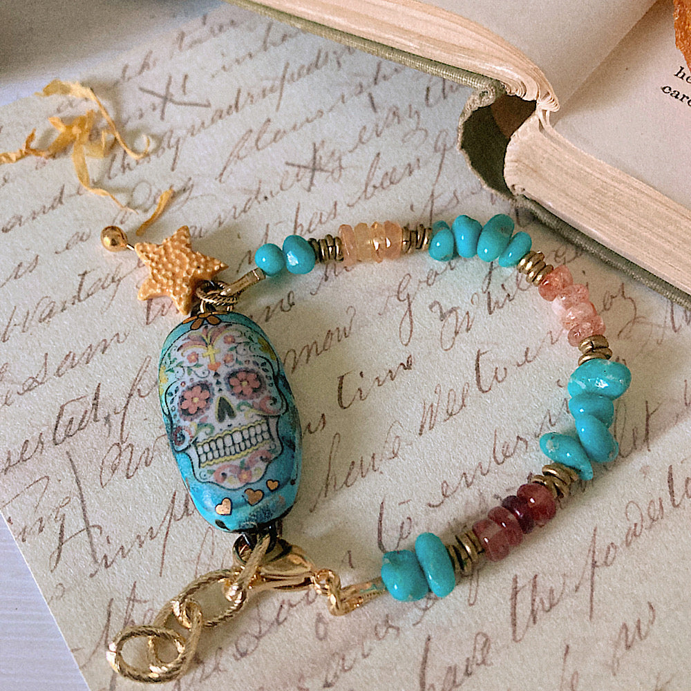 Women’s Dainty Enamel Day of Dead Autumn Samhain Enamel Sugar Skull Talisman Turquoise Clasp Bracelet