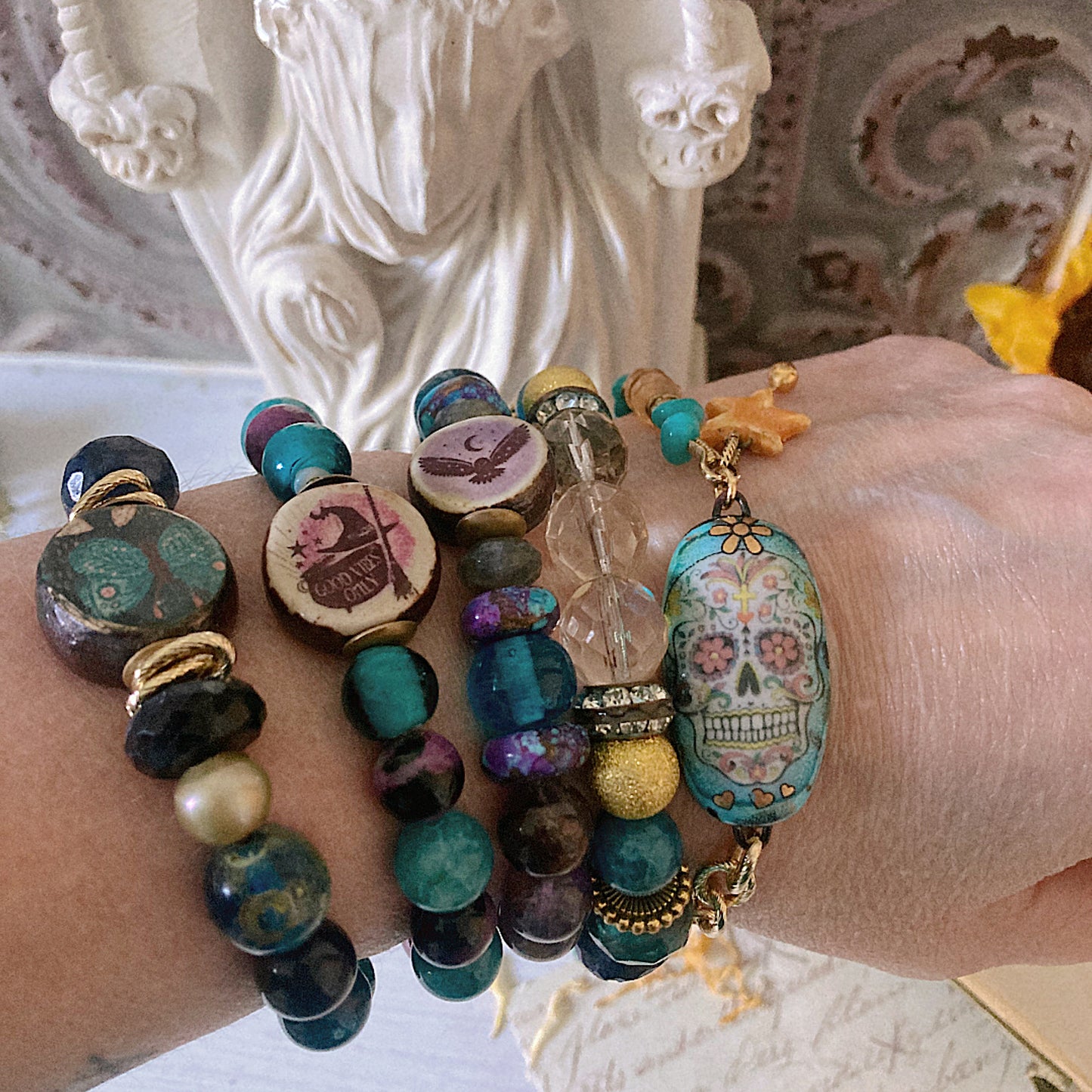 Women’s Dainty Enamel Day of Dead Autumn Samhain Enamel Sugar Skull Talisman Turquoise Clasp Bracelet
