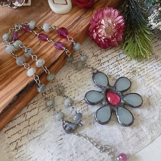 Women’s Winterberry Cottagecore Pink Tourmaline Soldered Flower Rosary Necklace