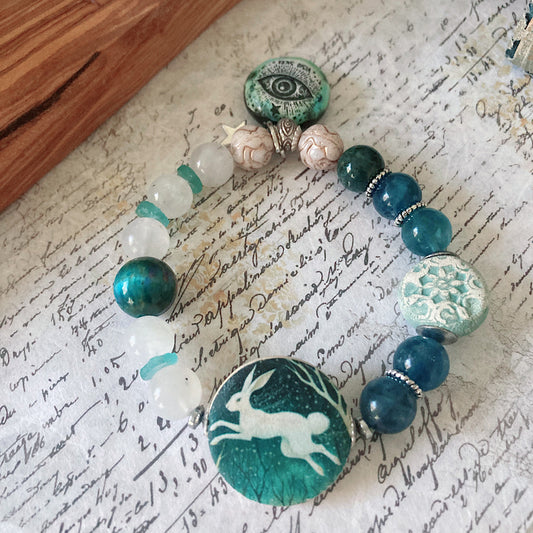Women’s Winter Mystical Hare Talisman Cottagecore Fluorite Stretch Bracelet
