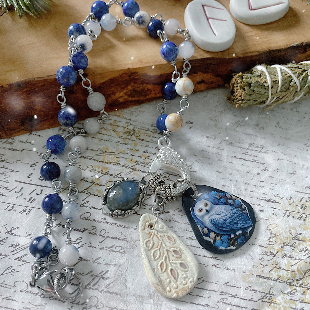 Women’s Winter Snowy Owl Talisman Yule Lapis Rosary Charm Necklace