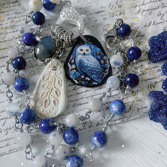 Women’s Winter Snowy Owl Talisman Yule Lapis Rosary Charm Necklace
