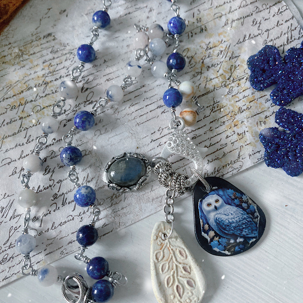 Women’s Winter Snowy Owl Talisman Yule Lapis Rosary Charm Necklace