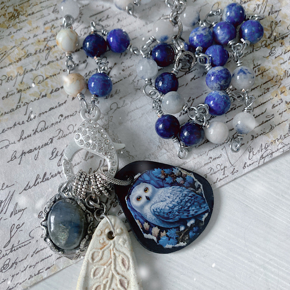 Women’s Winter Snowy Owl Talisman Yule Lapis Rosary Charm Necklace