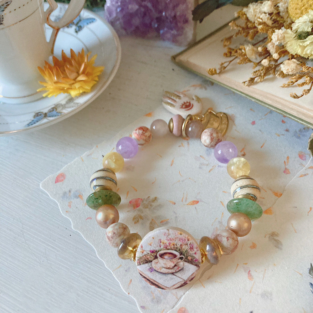 Women’s Rustic Spring Wildflower Cottagecore and Tea Stretch Bracelet