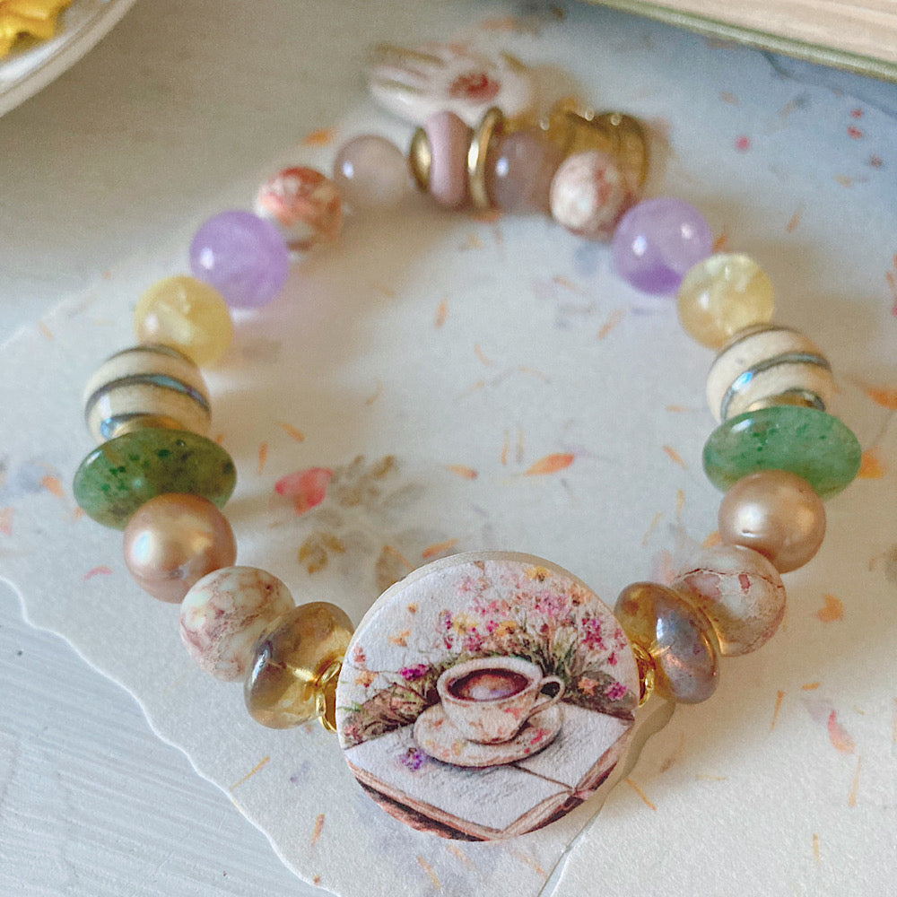 Women’s Rustic Spring Wildflower Cottagecore and Tea Stretch Bracelet