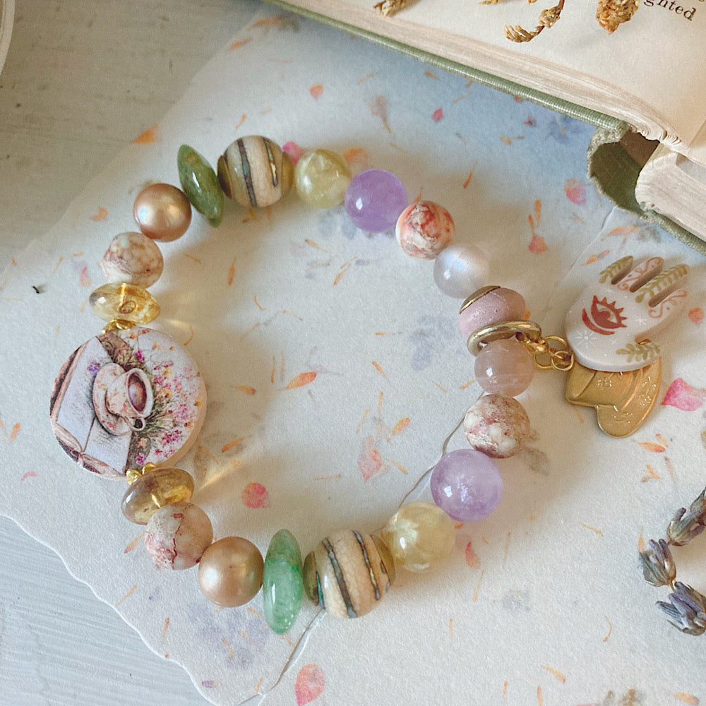 Women’s Rustic Spring Wildflower Cottagecore and Tea Stretch Bracelet