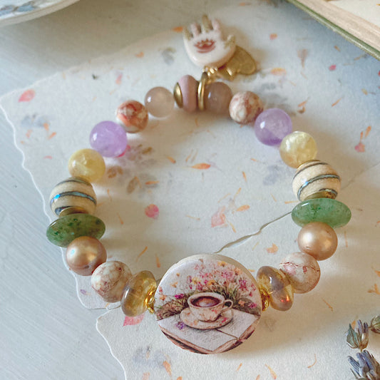 Women’s Rustic Spring Wildflower Cottagecore and Tea Stretch Bracelet