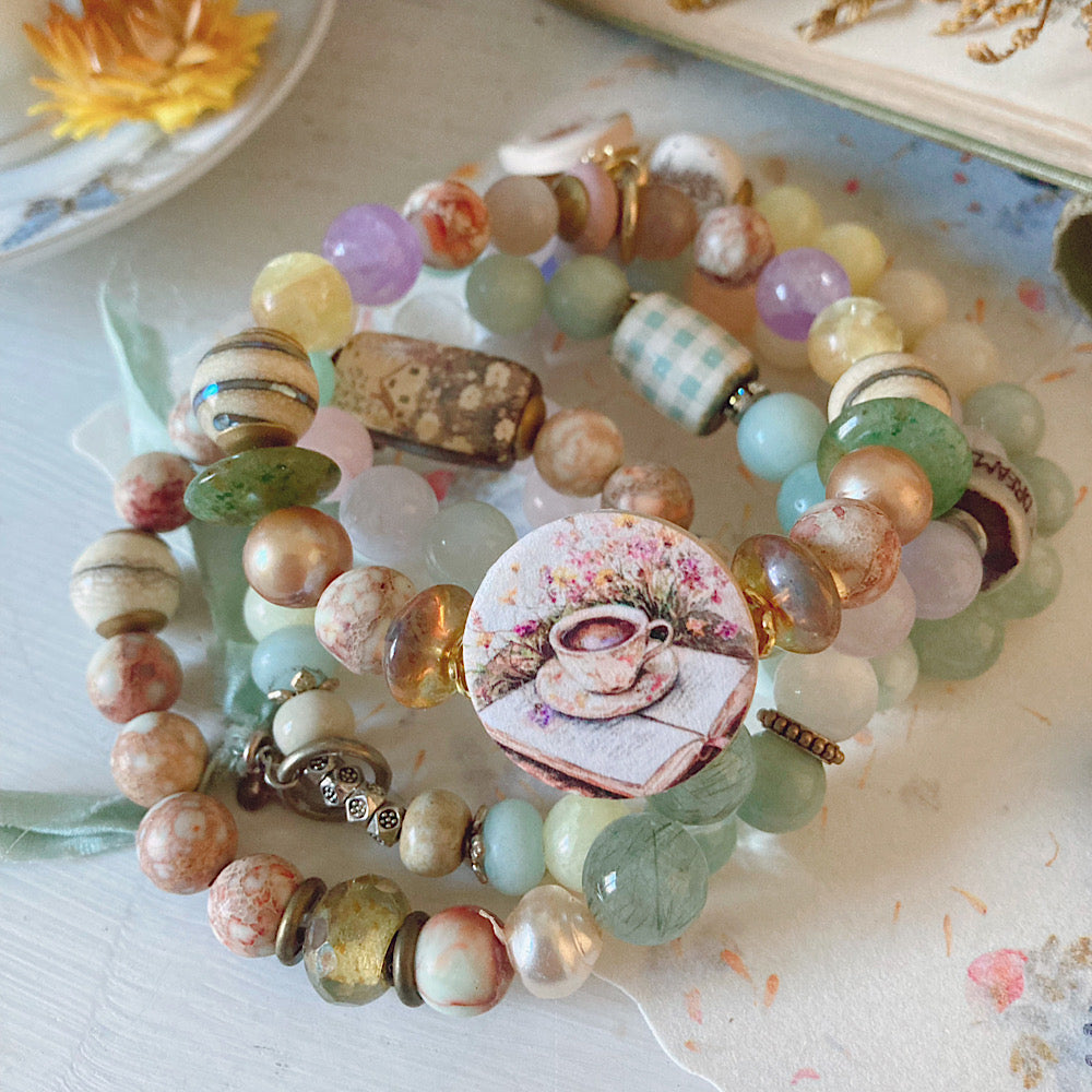 Women’s Rustic Spring Wildflower Cottagecore and Tea Stretch Bracelet