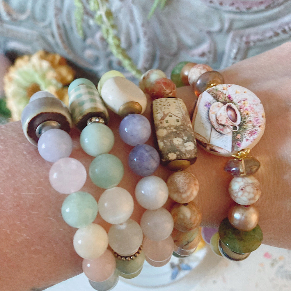Women’s Rustic Spring Wildflower Cottagecore and Tea Stretch Bracelet