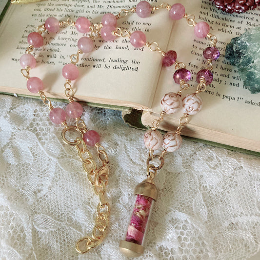 Women’s Spring Shabby Cottagecore Rose Talisman Witchy Rosary Necklace