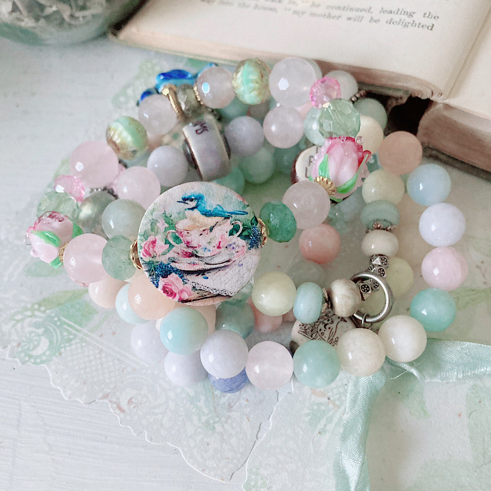 Reserved for a VIP: Women’s Spring Rose Teacup Pastel Whimsy Bluejay Talisman Stretch Bracelet