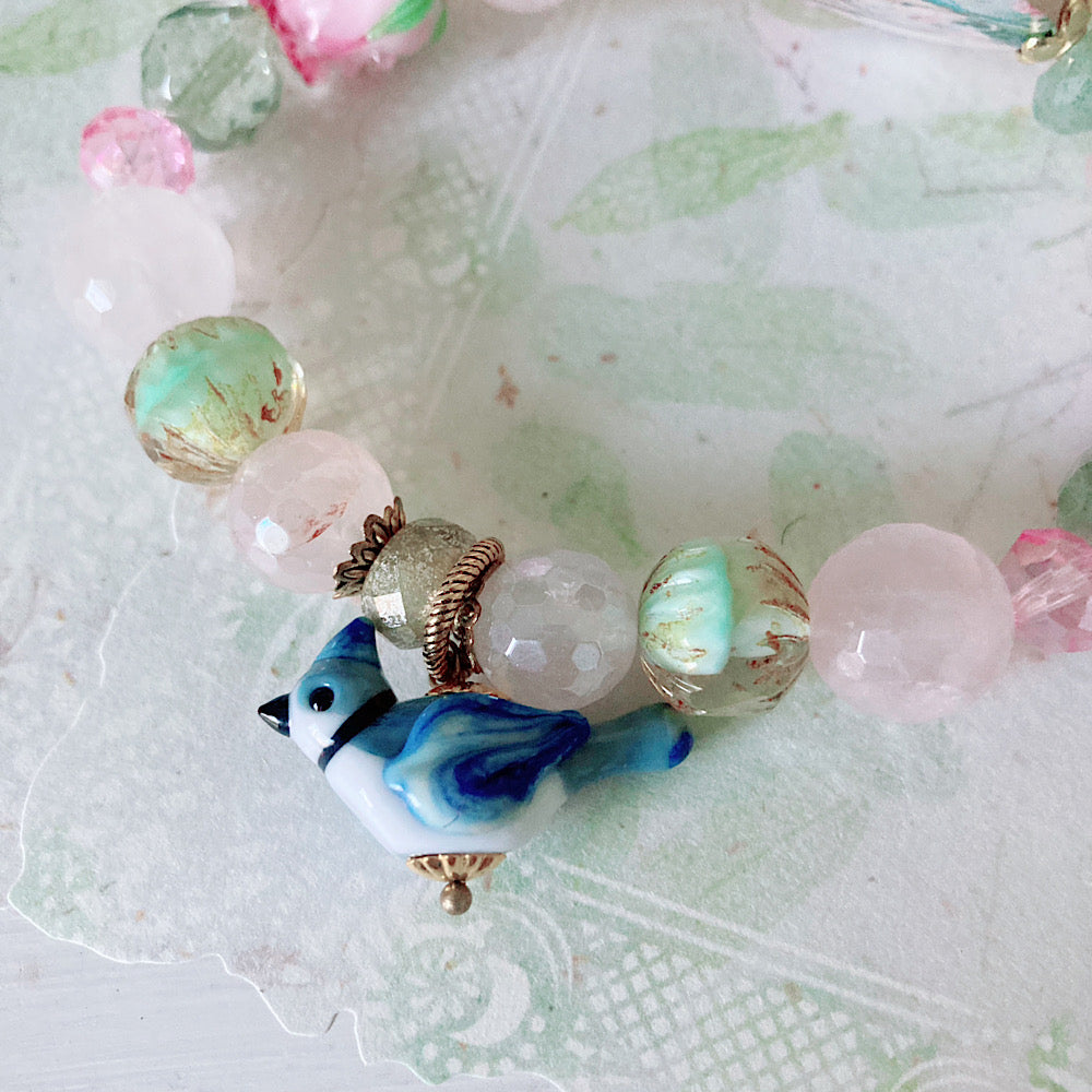 Reserved for a VIP: Women’s Spring Rose Teacup Pastel Whimsy Bluejay Talisman Stretch Bracelet